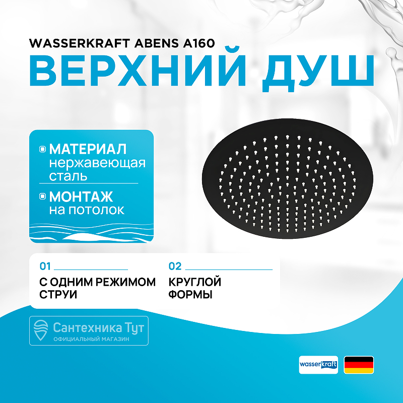 Верхний душ WasserKRAFT Abens A160 Черный матовый