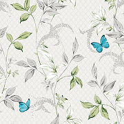 Обои Andrea Rossi Gallinara 54316-2 Винил на флизелине (1,06*10,05) Белый/Зеленый/Голубой, Бабочки/Листья