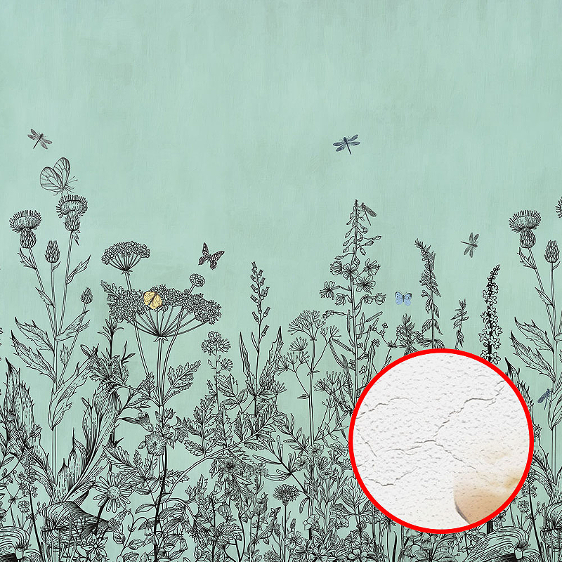 Фреска Ortograf Flora 31061 Фактура кракелюр FK Флизелин (4*2,7) Бирюзовый, Цветы/Бабочки