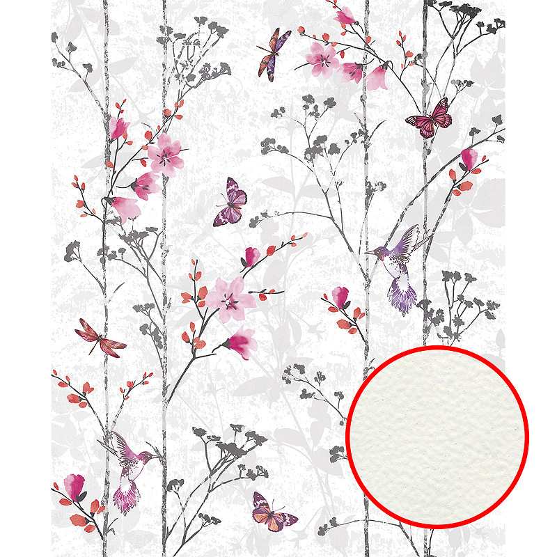 Фреска Ortograf Flora 31120 Фактура флок FLK Флизелин (2,2*2,7) Белый/Розовый, Цветы/Бабочки