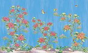Фреска Ortograf Flora 31110 Фактура бархат FX Флизелин (4,5*2,7) Голубой/Розовый/Зеленый, Деревья/Цветы/Птицы-1