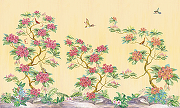 Фреска Ortograf Flora 31111 Фактура флок FLK Флизелин (4,5*2,7) Желтый/Розовый/Зеленый, Деревья/Цветы/Птицы-1