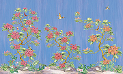 Фреска Ortograf Flora 31113 Фактура бархат FX Флизелин (4,5*2,7) Синий/Розовый/Зеленый, Деревья/Цветы/Птицы-1