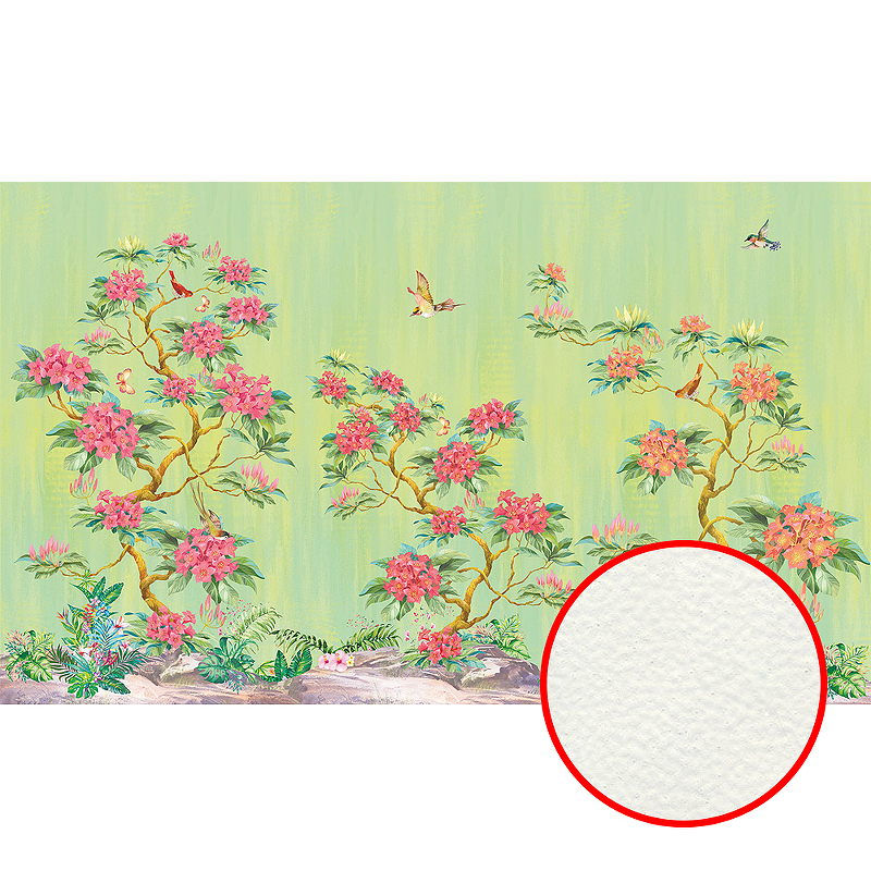 Фреска Ortograf Flora 31115 Фактура флок FLK Флизелин (4,5*2,7) Зеленый/Розовый, Деревья/Цветы/Птицы