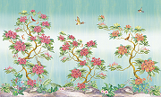 Фреска Ortograf Flora 31116 Фактура бархат FX Флизелин (4,5*2,7) Бирюзовый/Зеленый/Розовый, Деревья/Цветы/Птицы-1