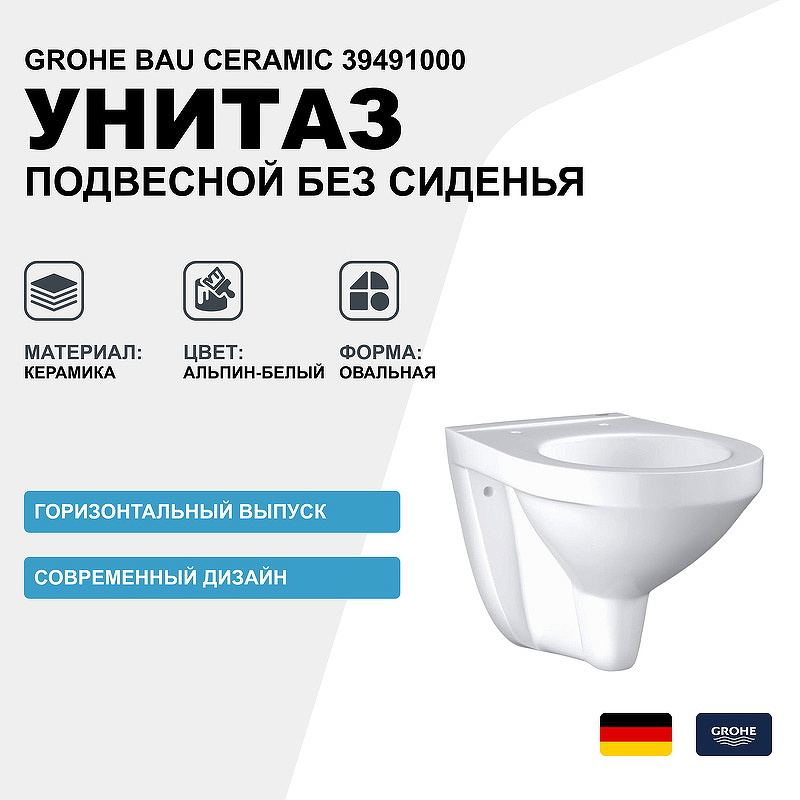 Унитаз Grohe Bau Ceramic 39491000 подвесной без сиденья подвесной унитаз grohe bau ceramic