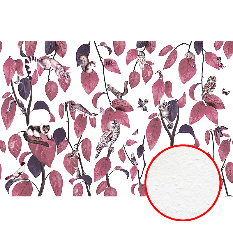 Фреска Ortograf Miracle 33861 Фактура бархат FX Флизелин (4,5*3) Белый/Розовый, Листья/Животные/Птицы