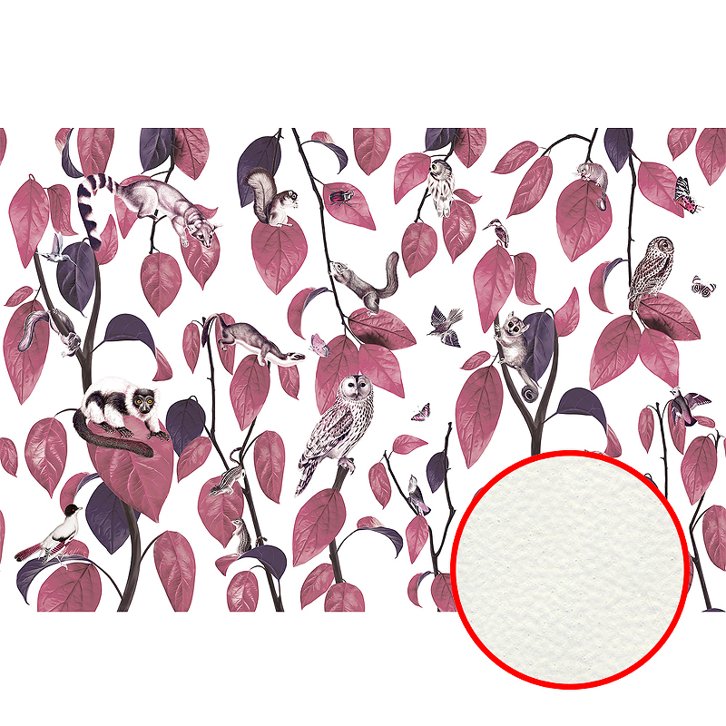 Фреска Ortograf Miracle 33861 Фактура флок FLK Флизелин (4,5*3) Белый/Розовый, Листья/Животные/Птицы