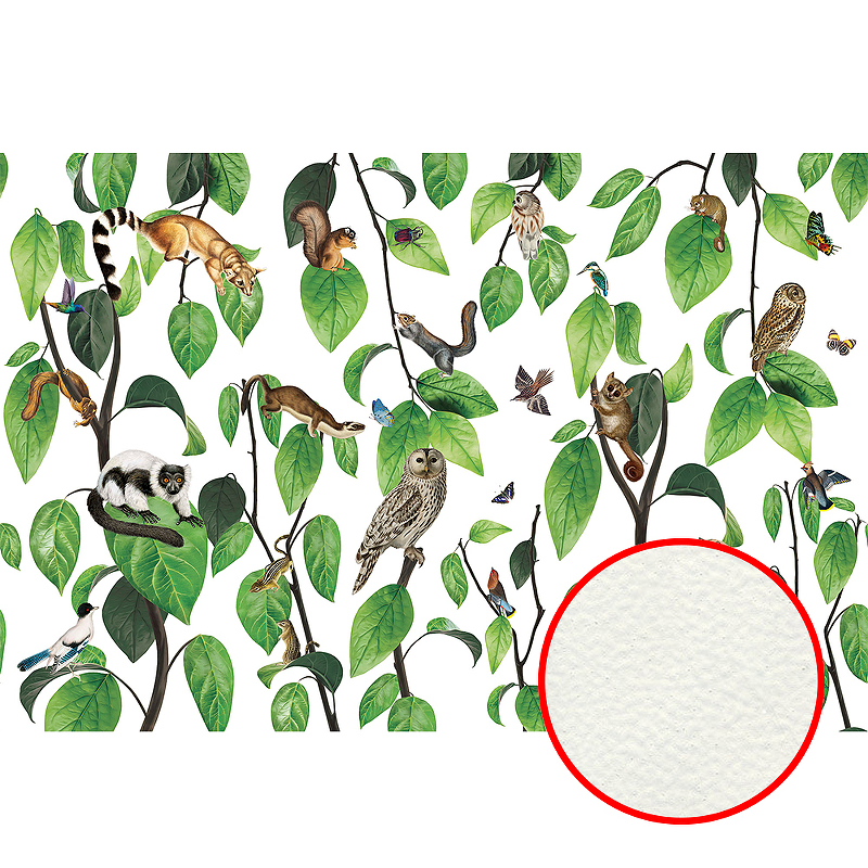 Фреска Ortograf Miracle 33862 Фактура флок FLK Флизелин (4,5*3) Белый/Зеленый, Листья/Животные/Птицы