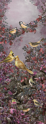 Фреска Ortograf Paradise 32222 Фактура бархат FX Флизелин (1*2,7) Сиреневый/Желтый, Птицы/Листья-1