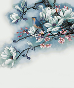 Фреска Ortograf Flower Dreams 31642 Фактура флок FLK Флизелин (2,5*3) Голубой, Цветы/Птицы-1