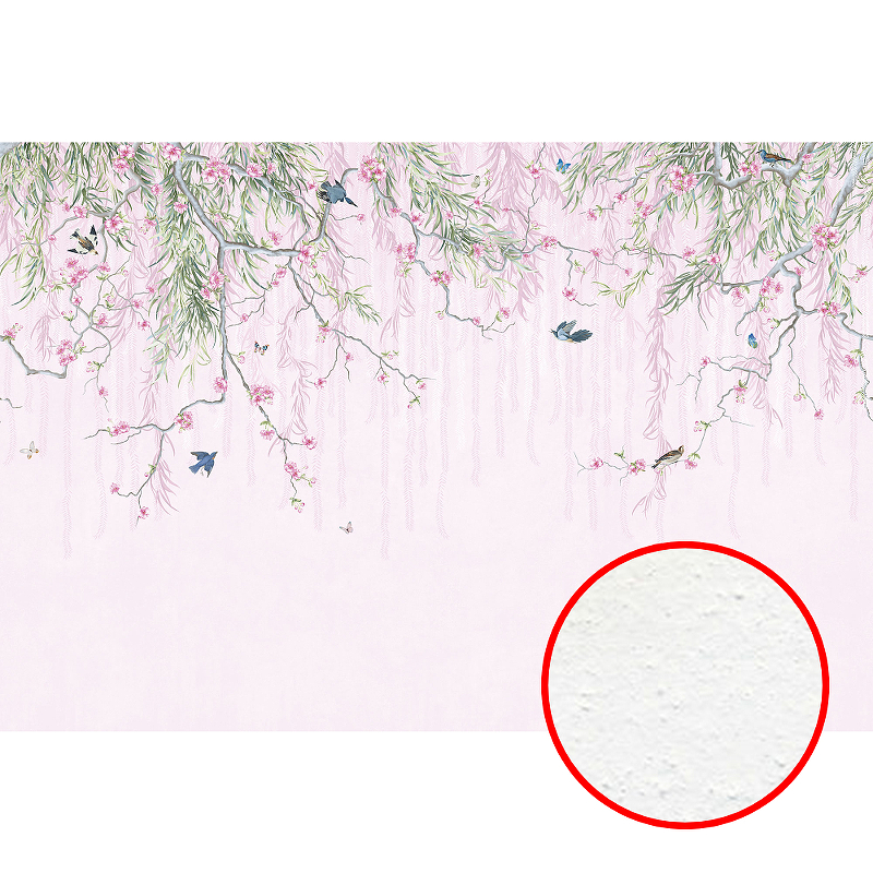 Фреска Ortograf Chinoiserie 33935 Фактура бархат FX Флизелин (4*2,7) Белый/Розовый/Зеленый, Цветы/Птицы