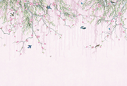 Фреска Ortograf Chinoiserie 33935 Фактура флок FLK Флизелин (4*2,7) Белый/Розовый/Зеленый, Цветы/Птицы-1