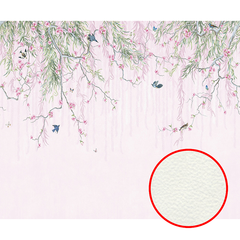 Фреска Ortograf Chinoiserie 33935 Фактура флок FLK Флизелин (4*2,7) Белый/Розовый/Зеленый, Цветы/Птицы