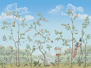 Фреска Ortograf Chinoiserie 33954 Фактура бархат FX Флизелин (4*3) Голубой/Зеленый, Деревья/Птицы-1