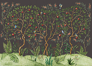 Фреска Ortograf Chinoiserie 33956 Фактура флок FLK Флизелин (4,2*3) Черный/Зеленый, Деревья/Птицы-1