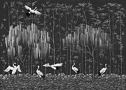 Фреска Ortograf Chinoiserie 33960 Фактура флок FLK Флизелин (4,2*3) Черный, Деревья/Листья/Птицы-1