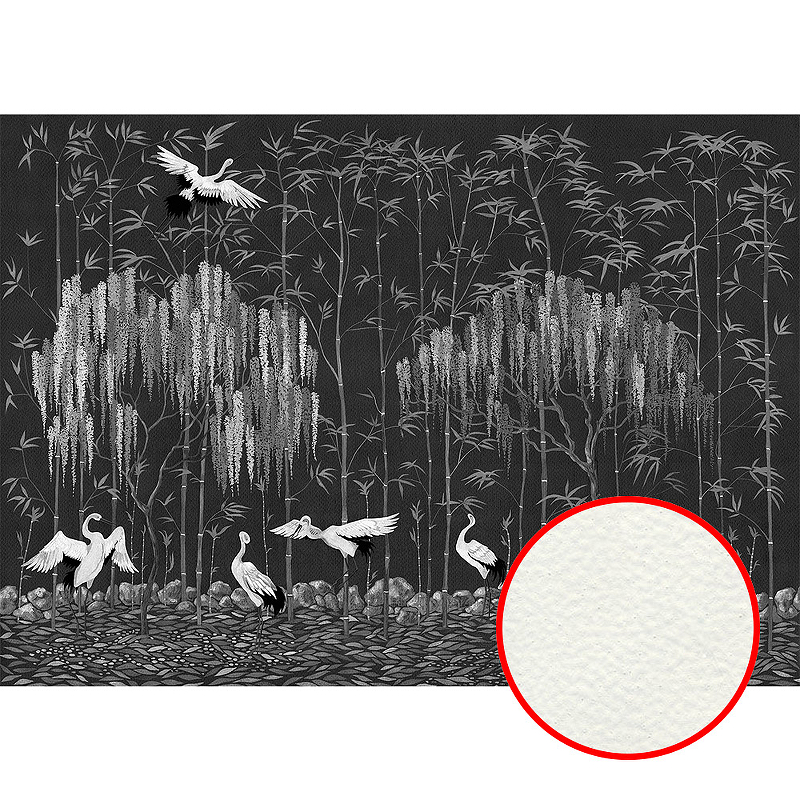 Фреска Ortograf Chinoiserie 33960 Фактура флок FLK Флизелин (4,2*3) Черный, Деревья/Листья/Птицы