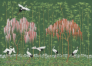 Фреска Ortograf Chinoiserie 33961 Фактура флок FLK Флизелин (4,2*3) Зеленый/Розовый, Деревья/Листья/Птицы-1