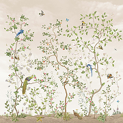 Фреска Ortograf Chinoiserie 33948 Фактура флок FLK Флизелин (2,7*2,7) Бежевый/Зеленый, Цветы/Птицы-1