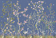 Фреска Ortograf Chinoiserie 33941 Фактура флок FLK Флизелин (4*2,7) Синий/Зеленый/Розовый, Деревья/Цветы/Птицы-1