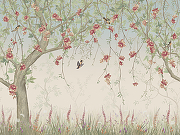 Фреска Ortograf Chinoiserie 33938 Фактура флок FLK Флизелин (4*3) Розовый/Зеленый, Деревья/Цветы/Птицы-1