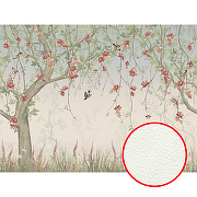 Фреска Ortograf Chinoiserie 33938 Фактура флок FLK Флизелин (4*3) Розовый/Зеленый, Деревья/Цветы/Птицы