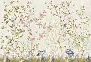 Фреска Ortograf Chinoiserie 33942 Фактура флок FLK Флизелин (4*2,7) Белый/Зеленый/Розовый, Деревья/Цветы/Птицы-1