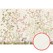 Фреска Ortograf Chinoiserie 33942 Фактура флок FLK Флизелин (4*2,7) Белый/Зеленый/Розовый, Деревья/Цветы/Птицы