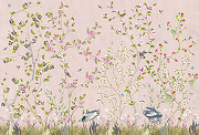 Фреска Ortograf Chinoiserie 33943 Фактура флок FLK Флизелин (4*2,7) Розовый/Зеленый, Деревья/Цветы/Птицы-1