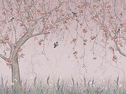 Фреска Ortograf Chinoiserie 33940 Фактура флок FLK Флизелин (4*3) Розовый, Деревья/Цветы/Птицы-1