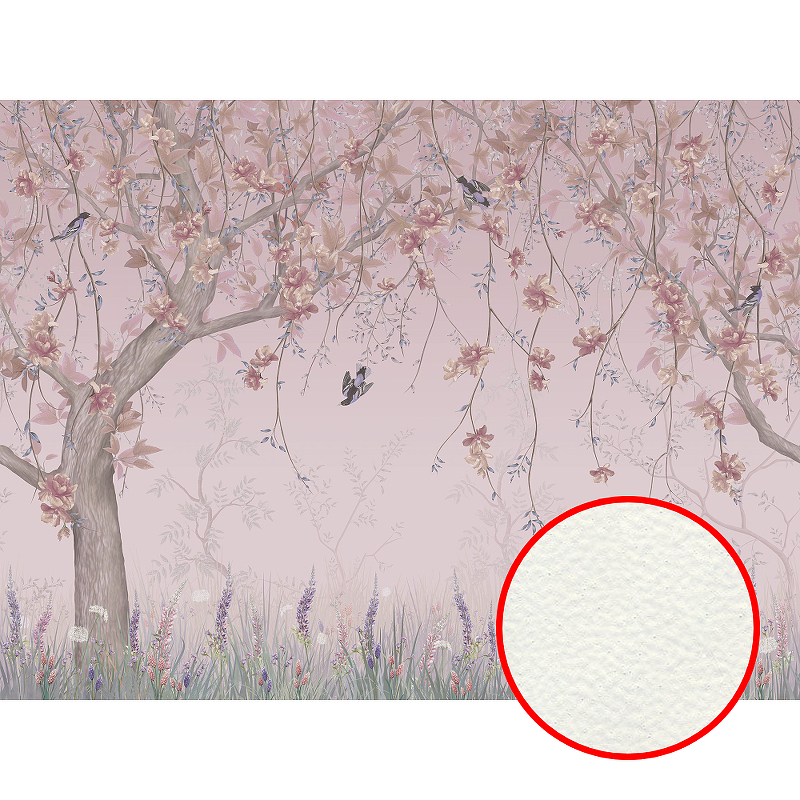 Фреска Ortograf Chinoiserie 33940 Фактура флок FLK Флизелин (4*3) Розовый, Деревья/Цветы/Птицы
