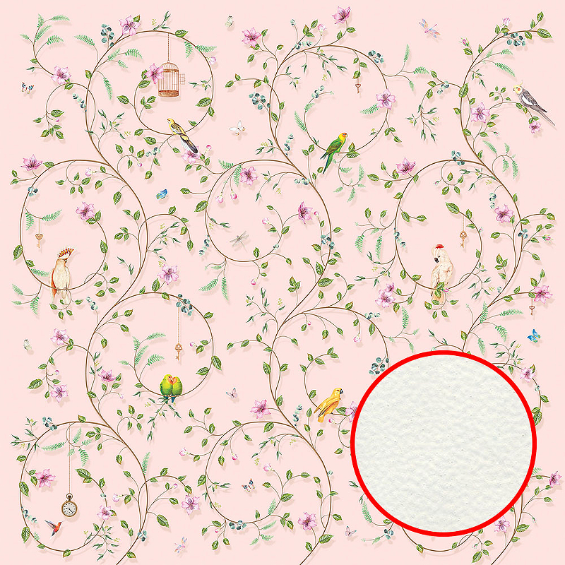 Фреска Ortograf Chinoiserie 33944 Фактура флок FLK Флизелин (3*3) Розовый/Зеленый, Цветы/Птицы