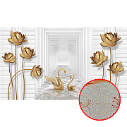 Фреска Ortograf 3D 21070 Фактура бархат золото FX-G Флизелин (4,7*2,7) Белый/Золото, Цветы/Птицы/Абстракция