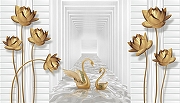Фреска Ortograf 3D 21070 Фактура флок FLK Флизелин (4,7*2,7) Белый/Золото, Цветы/Птицы/Абстракция-1
