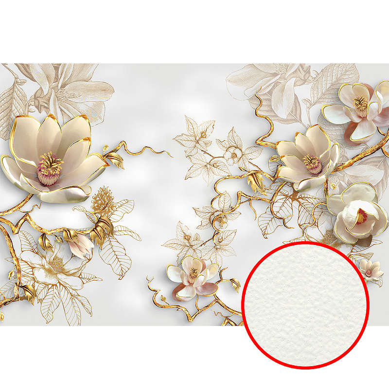 Фреска Ortograf 3D 33078 Фактура флок FLK Флизелин (4*2,7) Белый/Золото, Цветы/Абстракция
