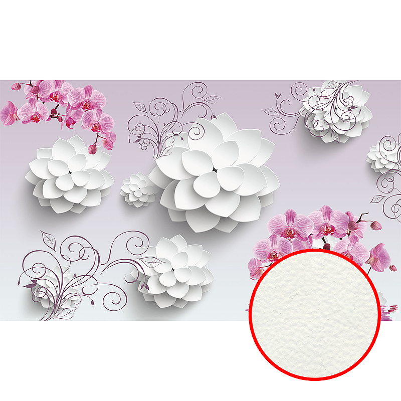 Фреска Ortograf 3D 33082 Фактура флок FLK Флизелин (4,5*2,7) Сиреневый/Белый/Розовый, Цветы/Абстракция 33082