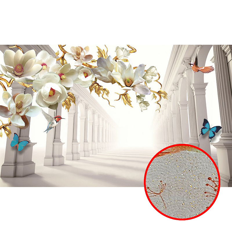 Фреска Ortograf 3D 33126 Фактура бархат золото FX-G Флизелин (4,4*2,7) Белый, Архитектура/Цветы/Бабочки