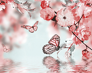 Фреска Ortograf Цветы 5444 Фактура флок FLK Флизелин (3,4*2,7) Розовый, Цветы/Бабочки-1