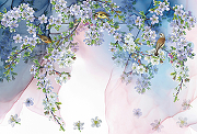 Фреска Ortograf Цветы 6729 Фактура бархат FX Флизелин (4*2,7) Голубой/Розовый, Цветы/Птицы-1
