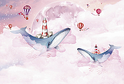Фреска детская Ortograf Сказочная страна 34140 Фактура флок FLK Флизелин (4*2,7) Розовый, Воздушные шары/Животные/Облака-1