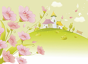 Фреска детская Ortograf Для малышей 33303 Фактура бархат FX Флизелин (3,7*2,7) Зеленый/Розовый, Домики/Цветы-1