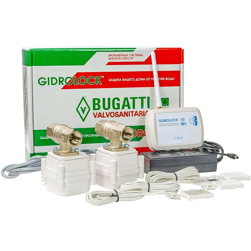 комплект gidrоlock standard wi fi radio tuya bugatti 1 2 радиодатчики wi fi Комплект защиты от протечки воды Gidrolock Wi-Fi Bugatti 1/2 36201021 с двумя кранами