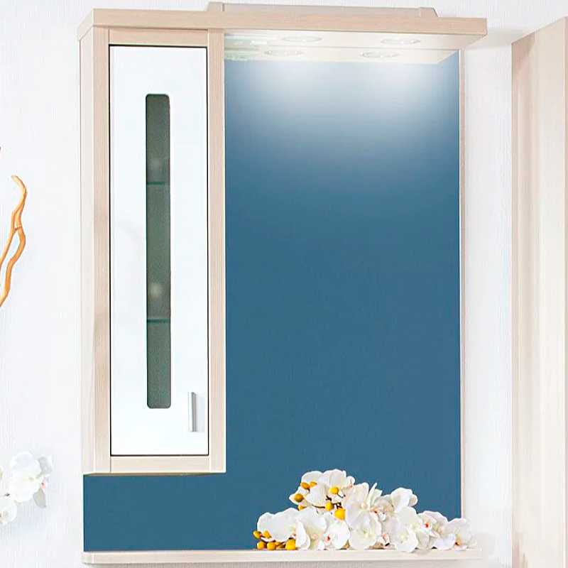 Зеркало со шкафом Бриклаер Бали 62 L 4627125411991 с подсветкой Светлая лиственница Белое глянцевое