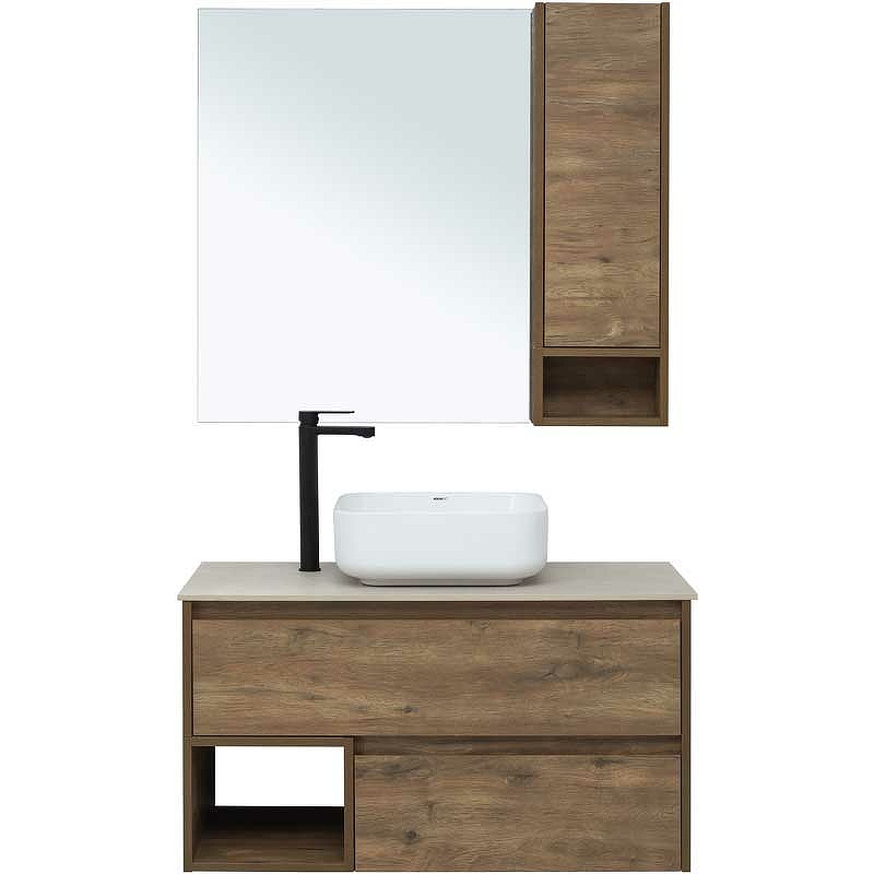 Комплект мебели для ванной STWORKI Карлстад 90 425508 подвесной Дуб рустикальный зеркало со шкафом stworki карлстад 90 r 249907 дуб рустикальный