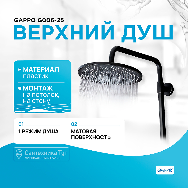 Верхний душ Gappo G006-25 Черный матовый ручной душ gappo g013 6 черный матовый