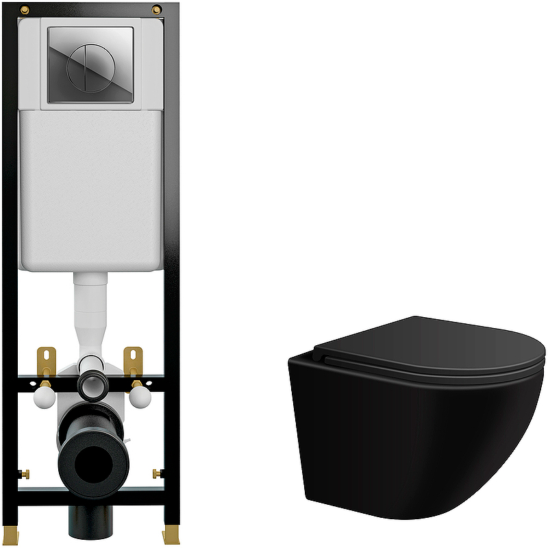 Комплект унитаза WellWant Aura WWU01122B с инсталляцией Cersanit Black 35 S-IN-BLACK-Cg-w с сиденьем Микролифт и клавишей смыва Хром