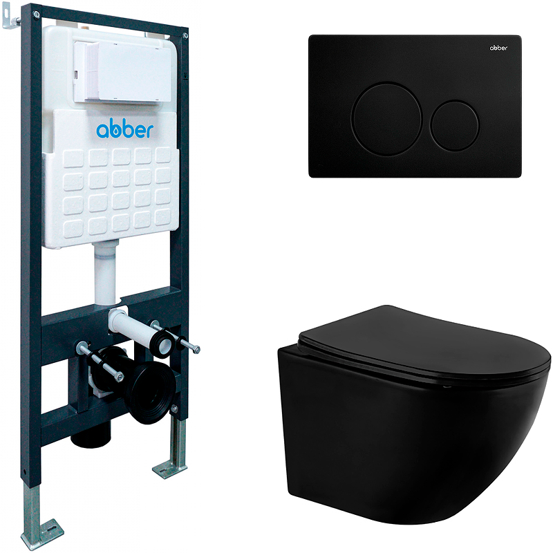 Комплект унитаза с инсталляцией Abber Bequem AC1100MB-AC0105-AC0121MB с сиденьем Микролифт и Черной матовой клавишей смыва клавиша смыва abber ac0121mb черная матовая