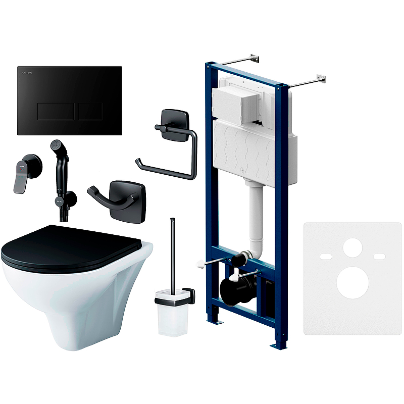 Комплект унитаза с инсталляцией AM.PM Gem CK90GJ с сиденьем Микролифт с Черной матовой клавишей смыва с гигиеническим душем и аксессуарами для ванной комнаты